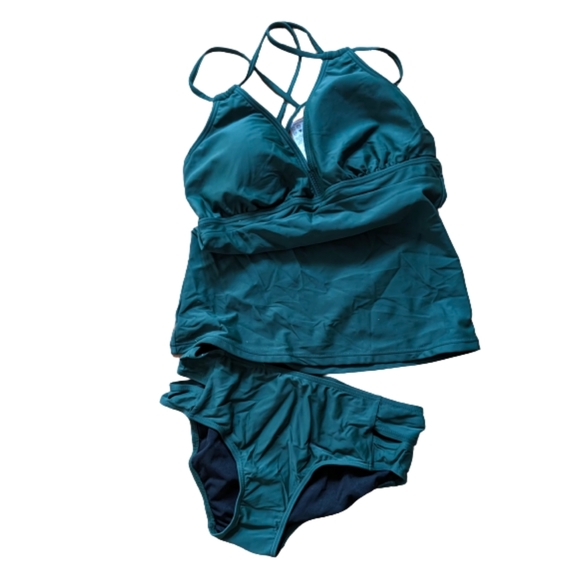 Womens Swimwear Cutout Tankini Bikini Set Sz M Stretch Green Spaghett Strap - Picture 2 of 9